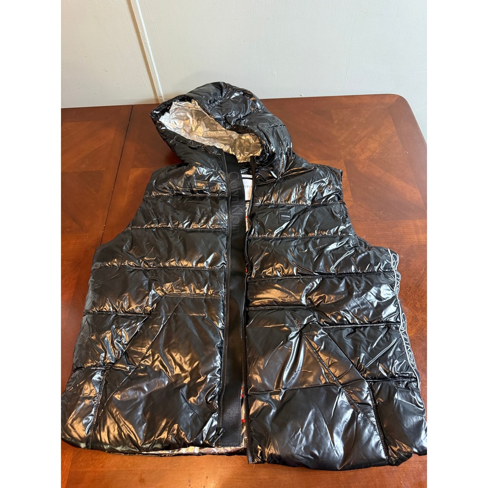 Calvin Klein Mens XL Black High Shine Hooded Puffer Vest Water Resistant Logo